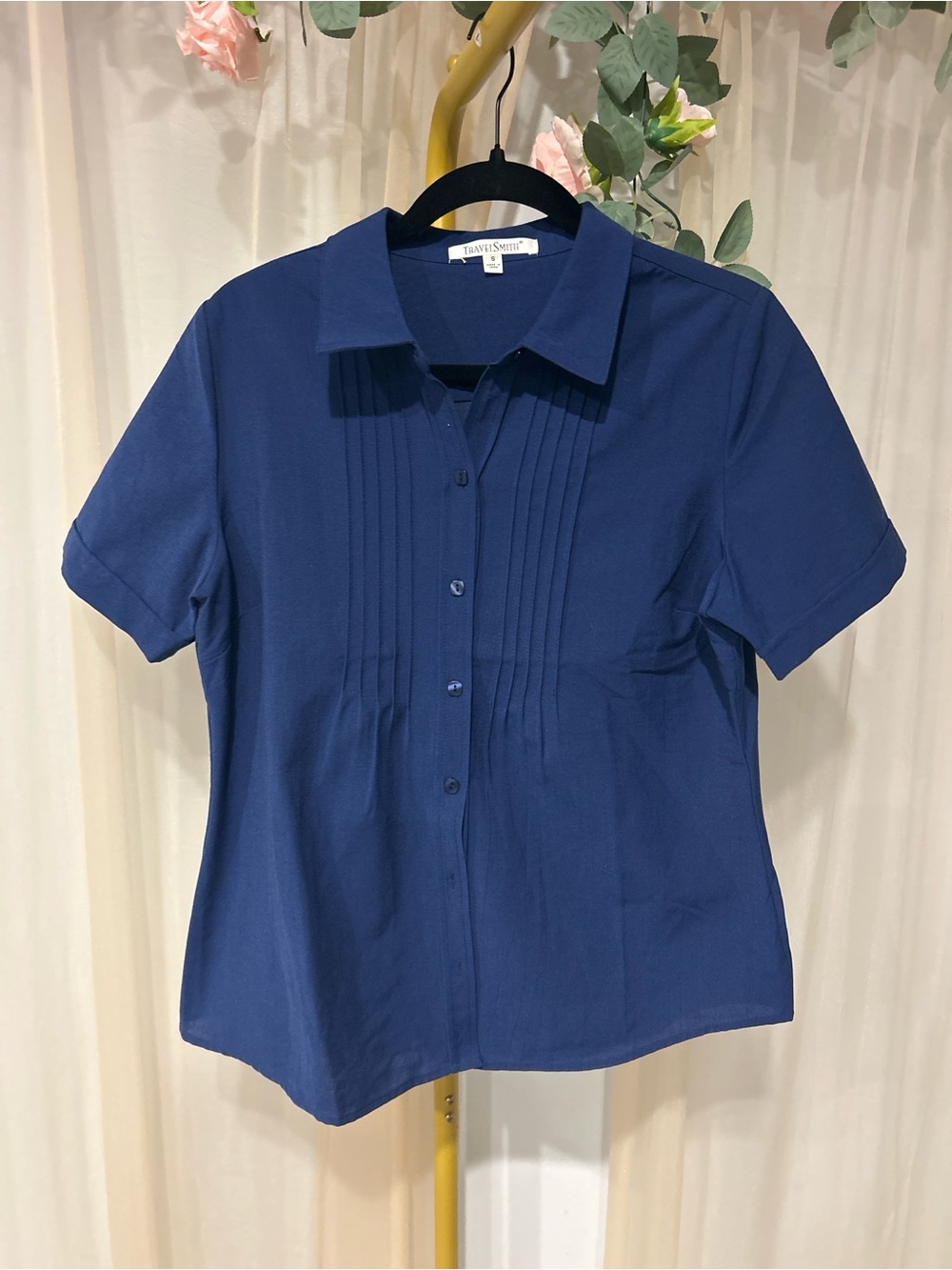 TravelSmith Navy Blue Short Sleeve Button Front Pleated Blouse Top Small